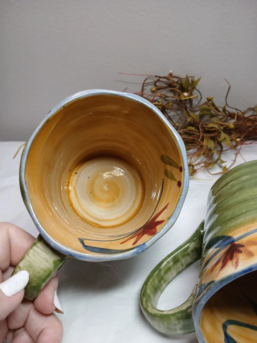 2 Pier 1 Hand-Painted Ceramic Mugs in Yellow, Green and Blue Elizabeth Style